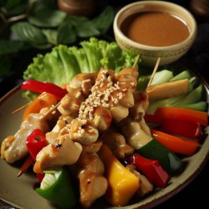 땅콩 소스를 곁들인 닭고기 야채 꼬치